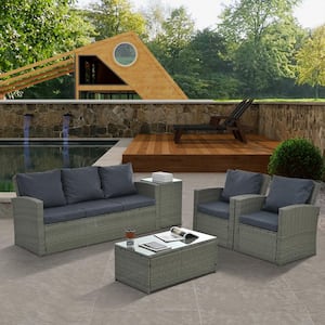 5-Piece PE Rattan Wicker Patio Conversation Set With Dark Grey Cushions