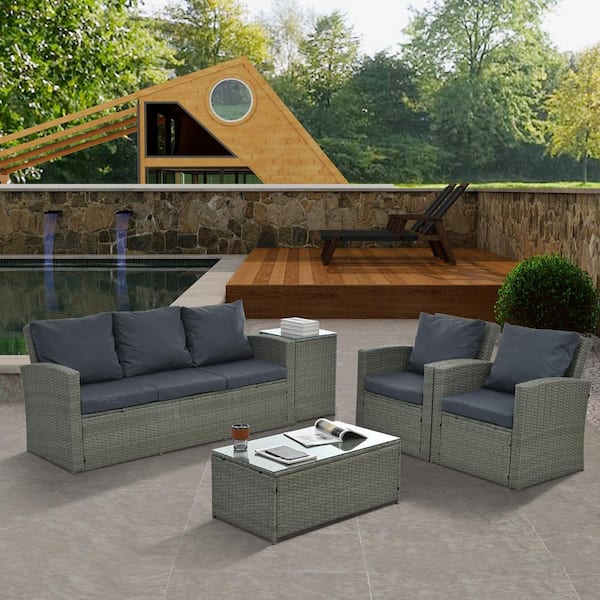 JimsMaison 5-Piece PE Rattan Wicker Patio Conversation Set With Dark Grey Cushions