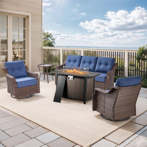 Henn 5-Piece Brown Wicker Patio Fire Pit Conversation Seating Set with Swivel Rocking Lounge Chairs with Blue Cushions