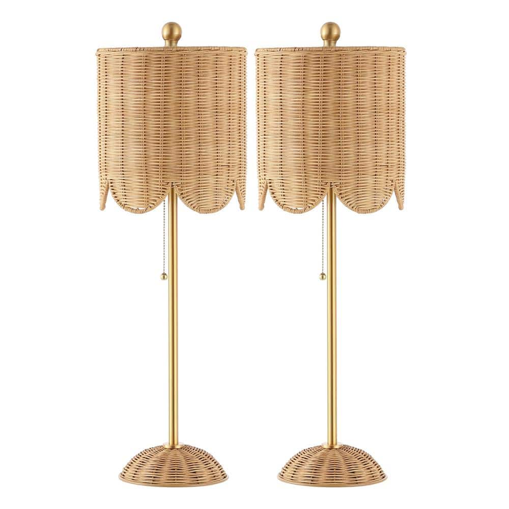 Celerie 27.5" Natural Rattan and Brass Gold LED Table Lamp Set