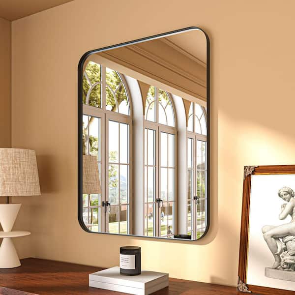 36 in. W x 30 in. H Rectangular Aluminum Framed Modern Black Rounded Wall Mirror