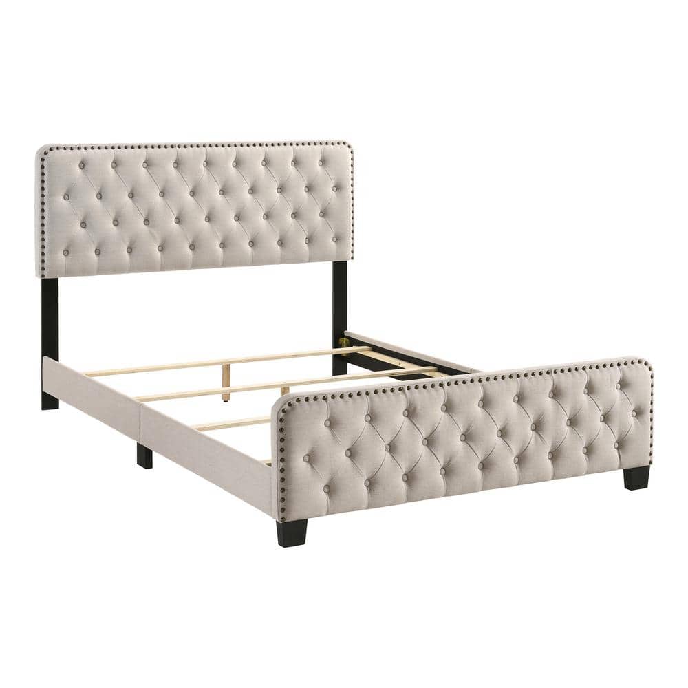 Beige Full Upholstered Wood Bed with Tufted Headboard