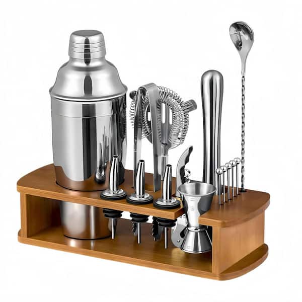 25 oz. Silver Cocktail Shaker Set with Stand and All Essential Accessory Tools for Making Cocktails, Silver