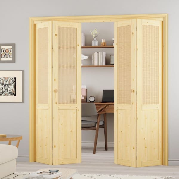 72 in. x 80 in. Half Paneled Solid Core Unfinished Pine Wood and Imitated Rattan Weaving Bi-Fold Door with Hardware