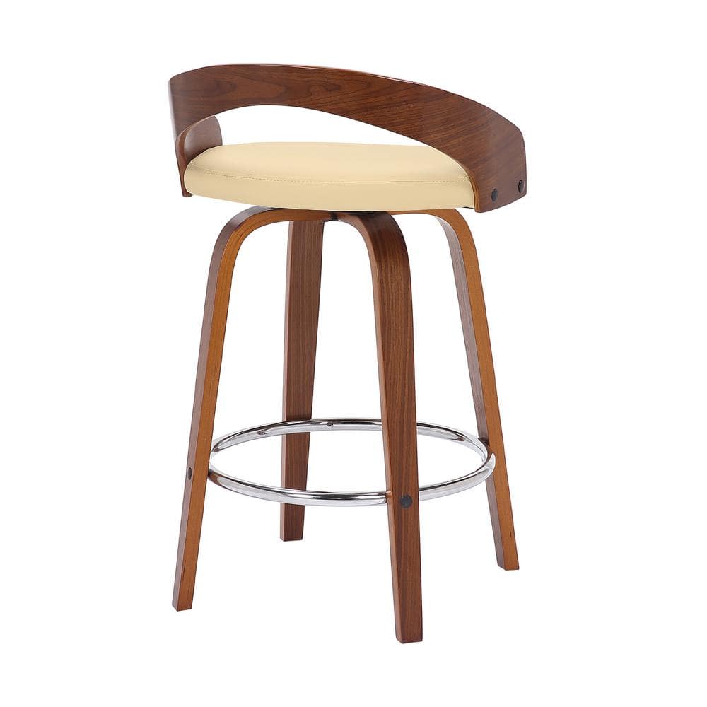 Cream Faux Leather and Walnut Wood Swivel Counter Stool