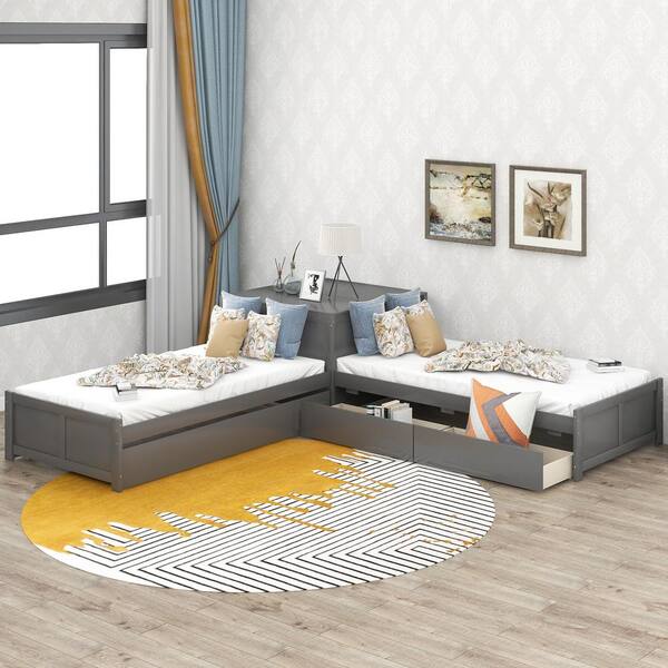 119.3 in. W Gray Twin L-Shaped Platform Bed with Trundle and