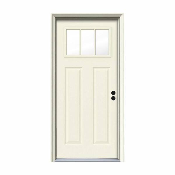 JELD-WEN 32 in. x 80 in. 3 Lite Craftsman Vanilla Painted Steel Prehung Left-Hand Inswing Front Door w/Brickmould
