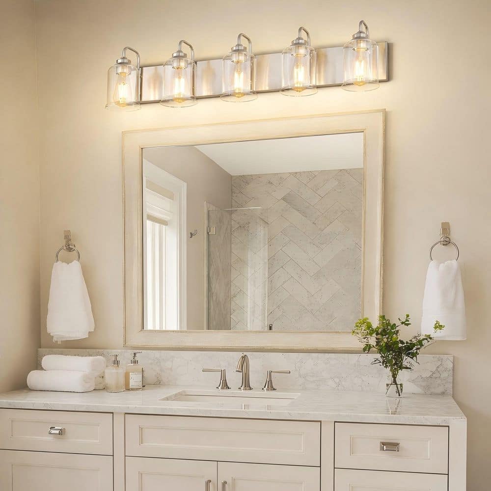 JAZAVA 36 in. 5 Light Brushed Nickel Vanity Light with Clear Glass