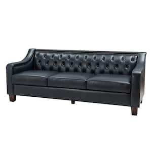 Blaz 82.28 in. Wide Slope Arms Tufted GenuineLeather 3-Seat Rectangle Navy Sofa in Blue