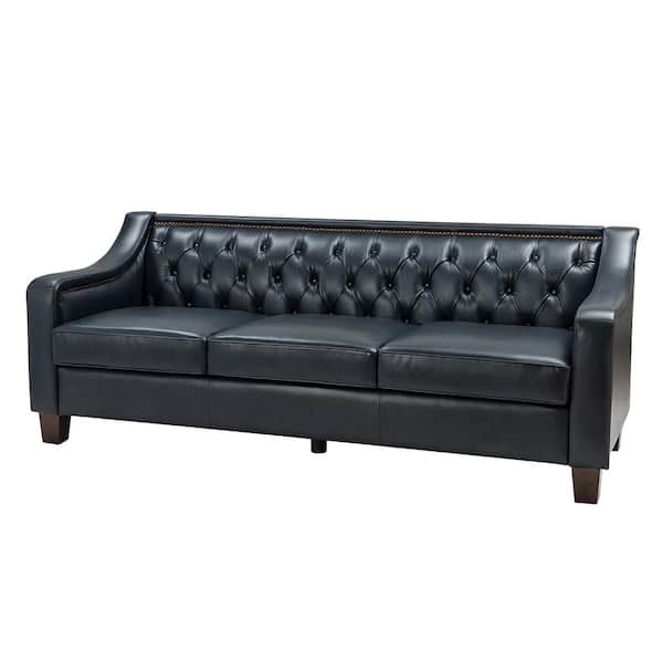 ARTFUL LIVING DESIGN Blaz 82.28 in. Wide Slope Arms Tufted GenuineLeather 3-Seat Rectangle Navy Sofa in Blue