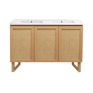 Arles 48 in. Double Basin Bathroom Vanity in Natural Oak with White, 3-Hole Ceramic Sink Top