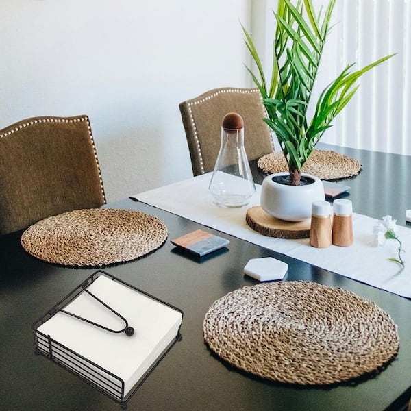 Lynzavix Flat Napkin Dispenser with Weighted Arm, Square Cocktail Paper Holder of Elegant Rustic Iron for Kitchen in Black