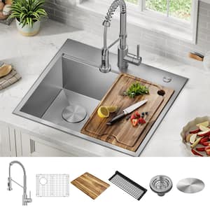 Loften 25 in. Drop-in/Undermount Single Bowl Stainless Steel Kitchen Workstation Sink with Faucet and Accessories