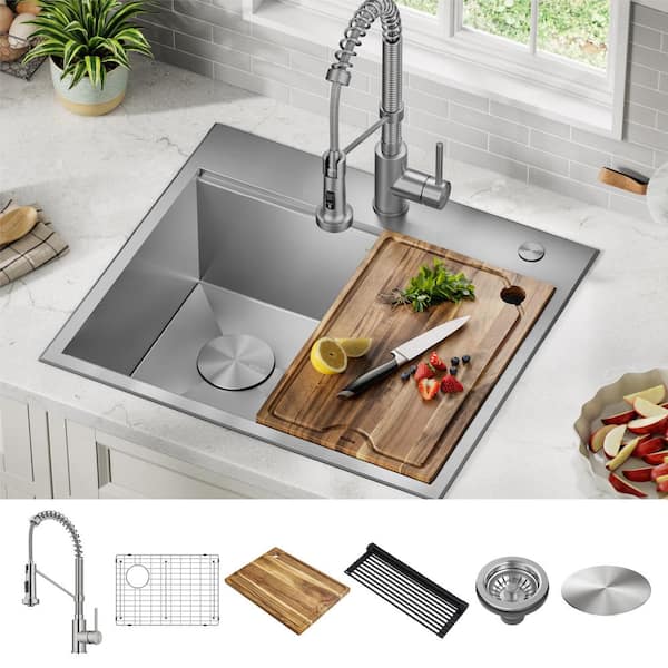 Loften 25 in. Drop-In/Undermount Single Bowl 18 Gauge Stainless Steel Kitchen Workstation Sink w/ Faucet and Accessories