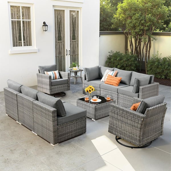 HOOOWOOO Messi Gray 10-Piece Wicker Outdoor Patio Conversation Sectional Sofa Set with Swivel Chairs and Dark Gray Cushions
