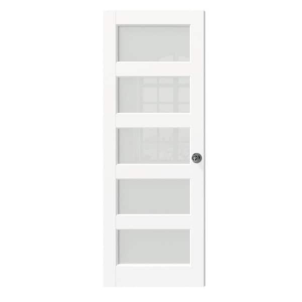 TENONER 32 in. x 80 in. MDF Composite, Primed, White, 5 Lite, Frosted Glass Interior Door Slab with Black Goal Doorknob