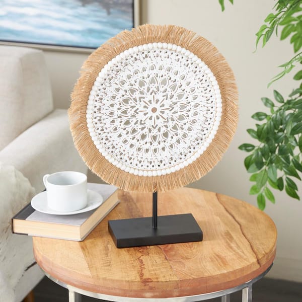Litton Lane White Wooden Handmade Seagrass Fringed Tribal Sculpture with Black Base