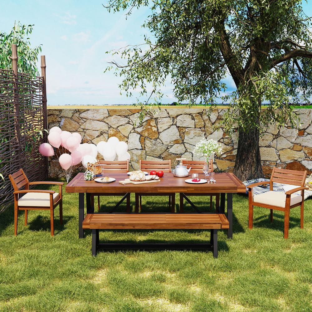 Natural Brown 7-Piece Acacia Wood Outdoor Dining Set with Removable White Cushion, Ergonomic Chairs and Bench price history on PriceWatchPro
