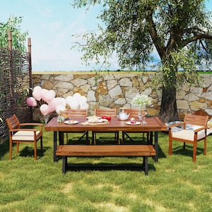 Natural Brown 7-Piece Acacia Wood Outdoor Dining Set with Removable White Cushion, Ergonomic Chairs and Bench