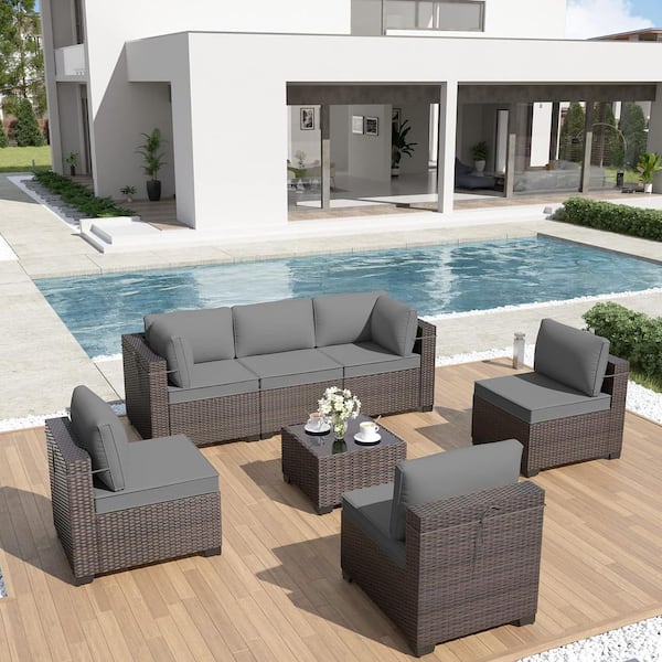 7-Piece Wicker Outdoor Patio Furniture Sectional Set with Grey Cushions and Coffee Table