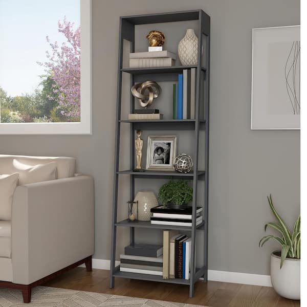 Lavish Home 71 in. Gray Wooden 5-Shelf Leaning Ladder Bookcase