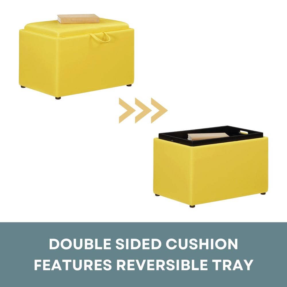 Modern Yellow Faux Leather Accent Storage Ottoman with Reversible Tray