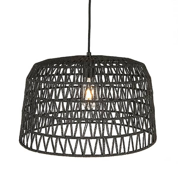 Storied Home 1-Light Black Pendant Bohemian Light with Paper Rope Shade