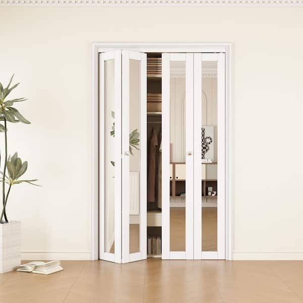 48 in. x 80 in. 1-Lite Mirror Glass and Solid Core White Finished MDF Interior Closet Bi-Fold Door with Hardware