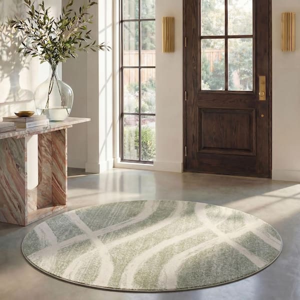 Adirondack 10 ft. x 10 ft. Round Sage/Cream Waves Area Rug