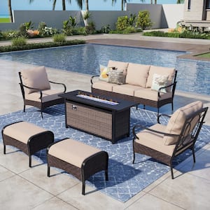 Metal Frame Dark Brown Rattan 6-Piece Steel Outdoor Fire Pit Patio Set with Beige Cushions, Rectangular Fire Pit Table