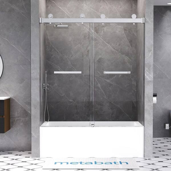 Feelive 56 to 60 in. W x 66 in. H Double Sliding Frameless Tub Door in Chrome with 3/8 in. Tempered Clear Glass