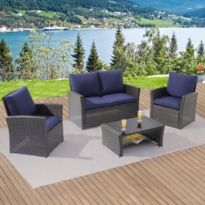 4-Pieces PE Rattan Wicker Outdoor Patio Conversation Sofa Sets, Patio Sofa Chair for Balcony, Deck and Yard in Navy Blue
