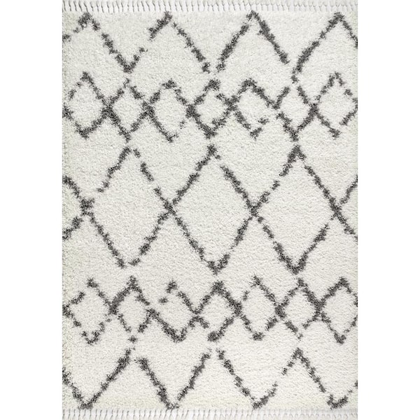 Mercer Shag Plush Tassel Moroccan Tribal Geometric Trellis Cream/Grey 5 ft. x 8 ft. Area Rug