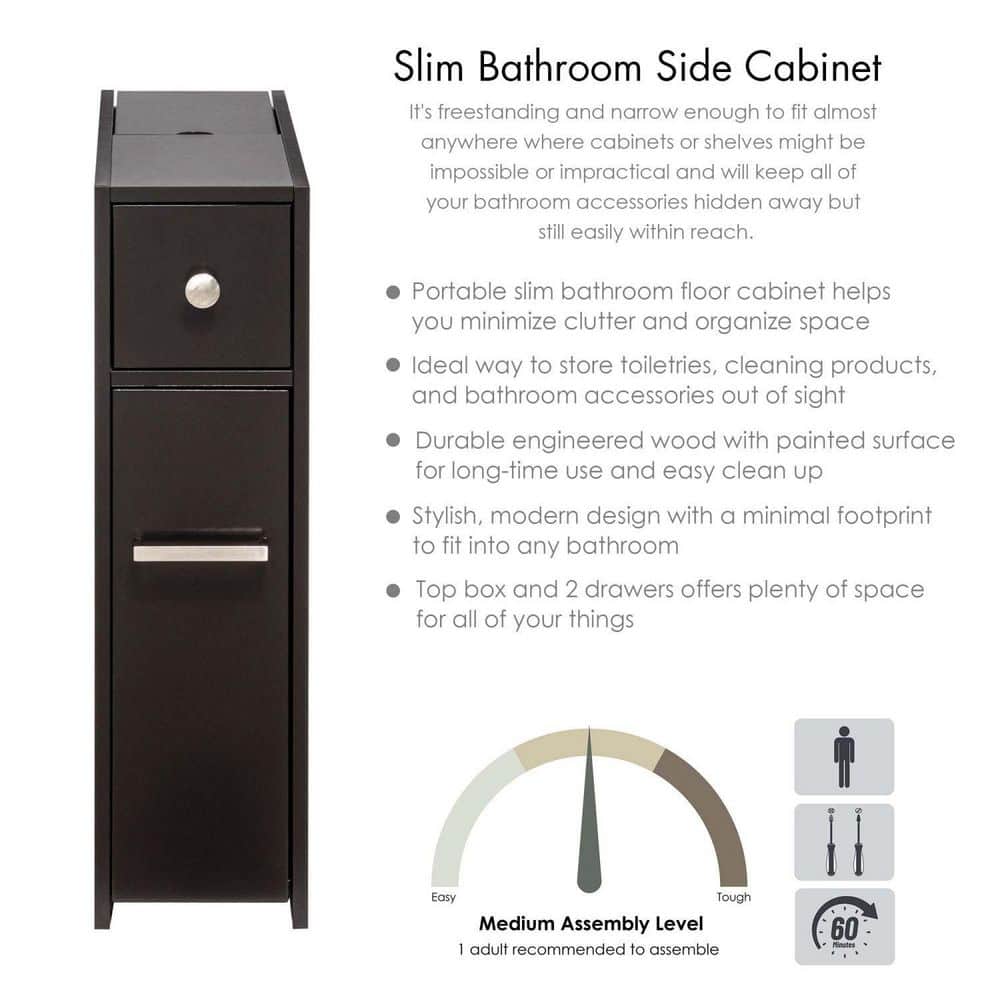 Espresso Slim Freestanding Bathroom Storage Cabinet with Slide-Out Drawer