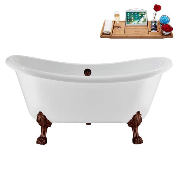 59 in. x 28 in. Acrylic Clawfoot Soaking Bathtub in Glossy White with Matte Oil Rubbed Bronze Drain and Clawfeet