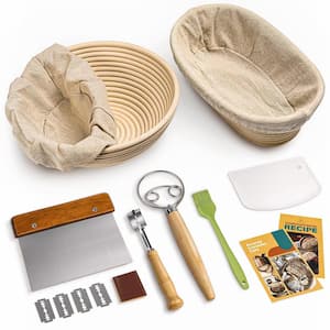 Bread Banneton Proofing Basket Set with 9 in. Round and 10 in. Oval Rattan Cane Baskets, Bread Lame, Scraper and Brush