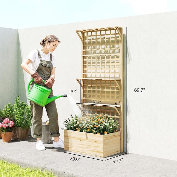 Outsunny Natural Fir Wood Raised Garden Bed with Trellis and
