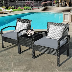 3-Piece Wicker Outdoor Rattan Patio Conversation Set with Gray Cushions