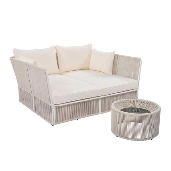 Sudzendf 2-Piece Outdoor Wicker Sunbed and Coffee Table Set, Patio Double Chaise Lounger Loveseat Daybed with Beige Cushion