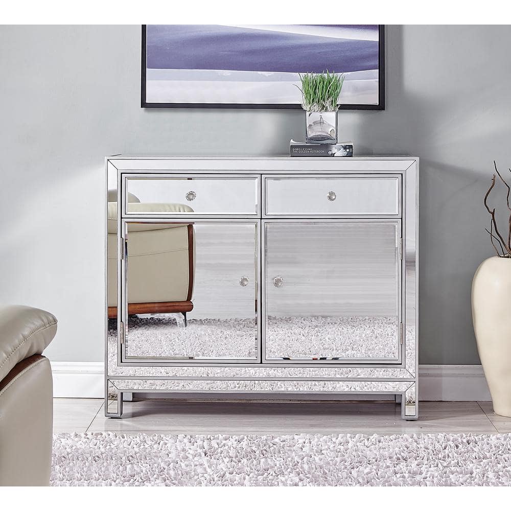 Contemporary 2-Drawer Antique Silver Mirror Nightstand with Crystal Knobs - 38x12x32