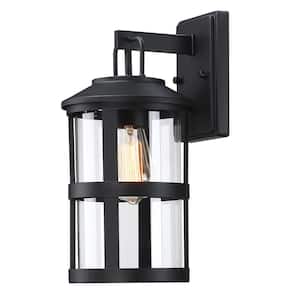 14.58 in. 1- Light Black Industrial Outdoor Wall Mount Lantern Sconce with Clear Glass Shade, No Bulbs Included
