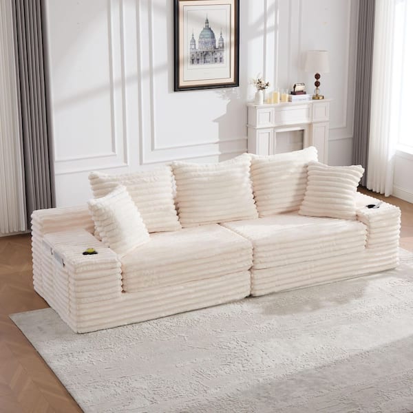 Irixa 107.48 in. Square Arm Corduroy Upholstered Rectangle Convertible Sofa Bed in Beige with Memory Foam