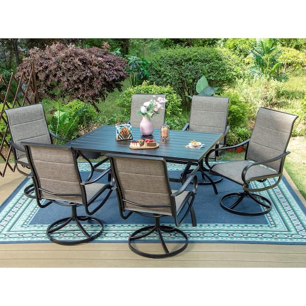 PHI VILLA Black 7-Piece Metal Outdoor Patio Dining Set with Rectangle Table and Padded Textilene Swivel Chairs