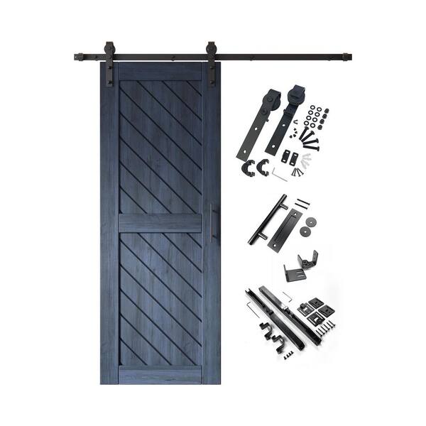 HOMACER XT2 30 in. x 80 in. C-Panel Navy Slanted Stripe Design Solid Pine Wood Sliding Barn Door with Hardware Kit