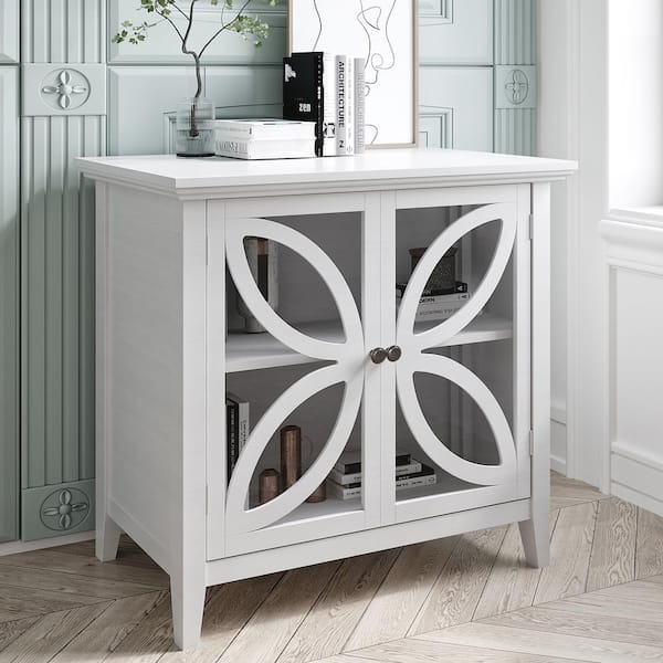 GODEER White Accent Storage Cabinet Wooden Cabinet with Decorative Transparent Door, Modern Sideboard