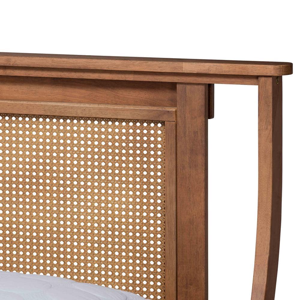 Walnut Brown Queen Wood and Rattan Platform Bed with Tufted Headboard