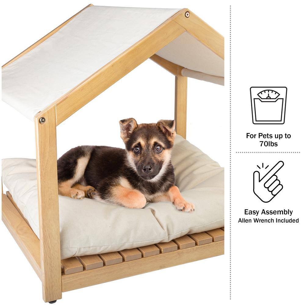 Small Natural Wood Indoor Dog House with Cushion and Canopy