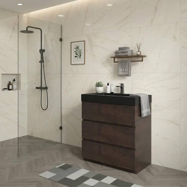 30" Walnut Freestanding Bathroom Vanity with One-Piece Black Basin, Pre-assembled