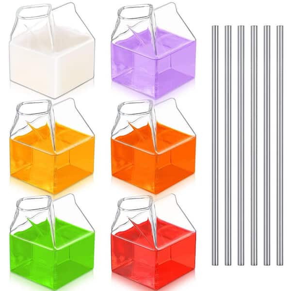 6-Piece Clear Milk Carton with 6 Stainless Steel Straws, 12 oz. Glass Milk Bottle for Cocktail, Juice, Coffee
