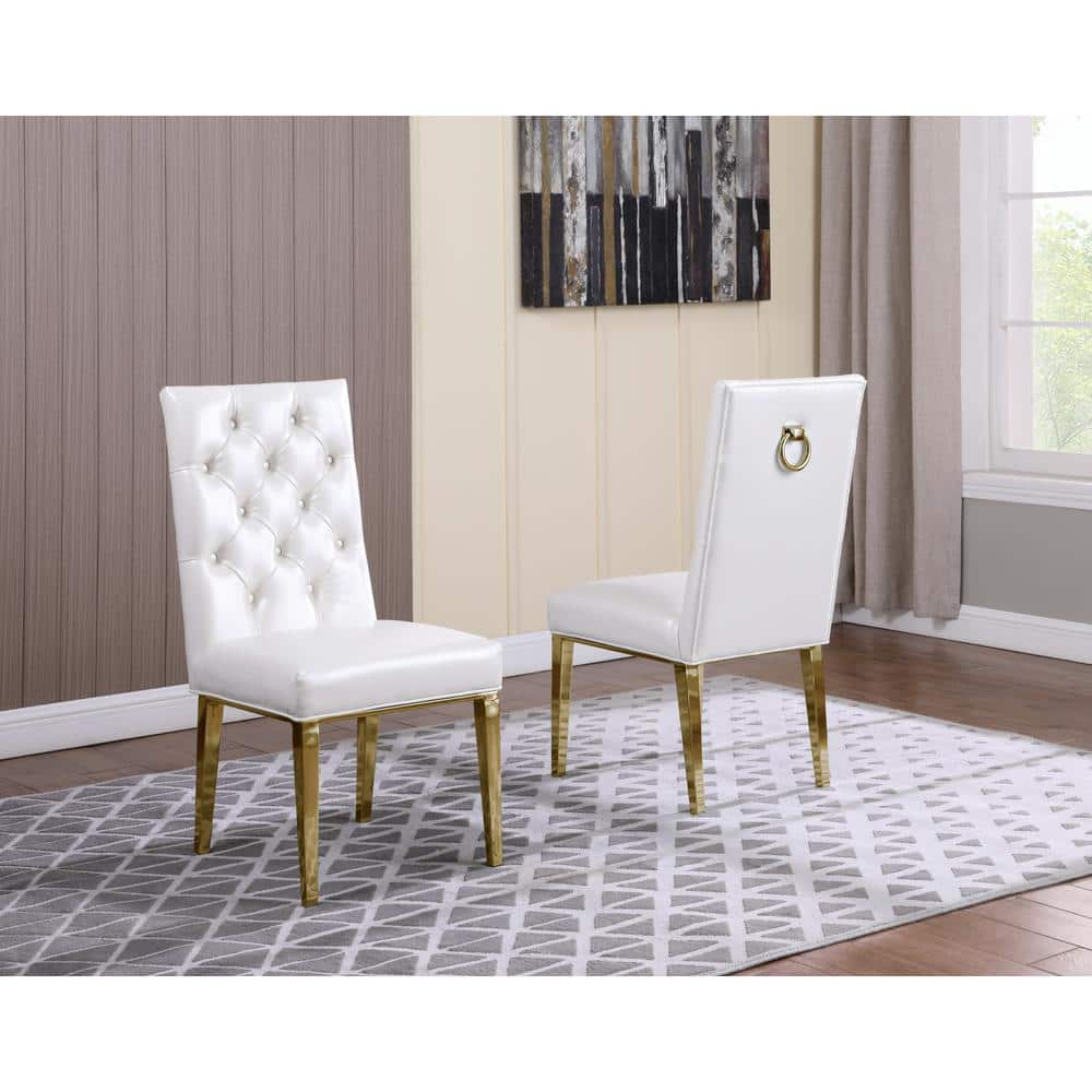 White Faux Leather Tufted Side Chairs with Chrome Legs